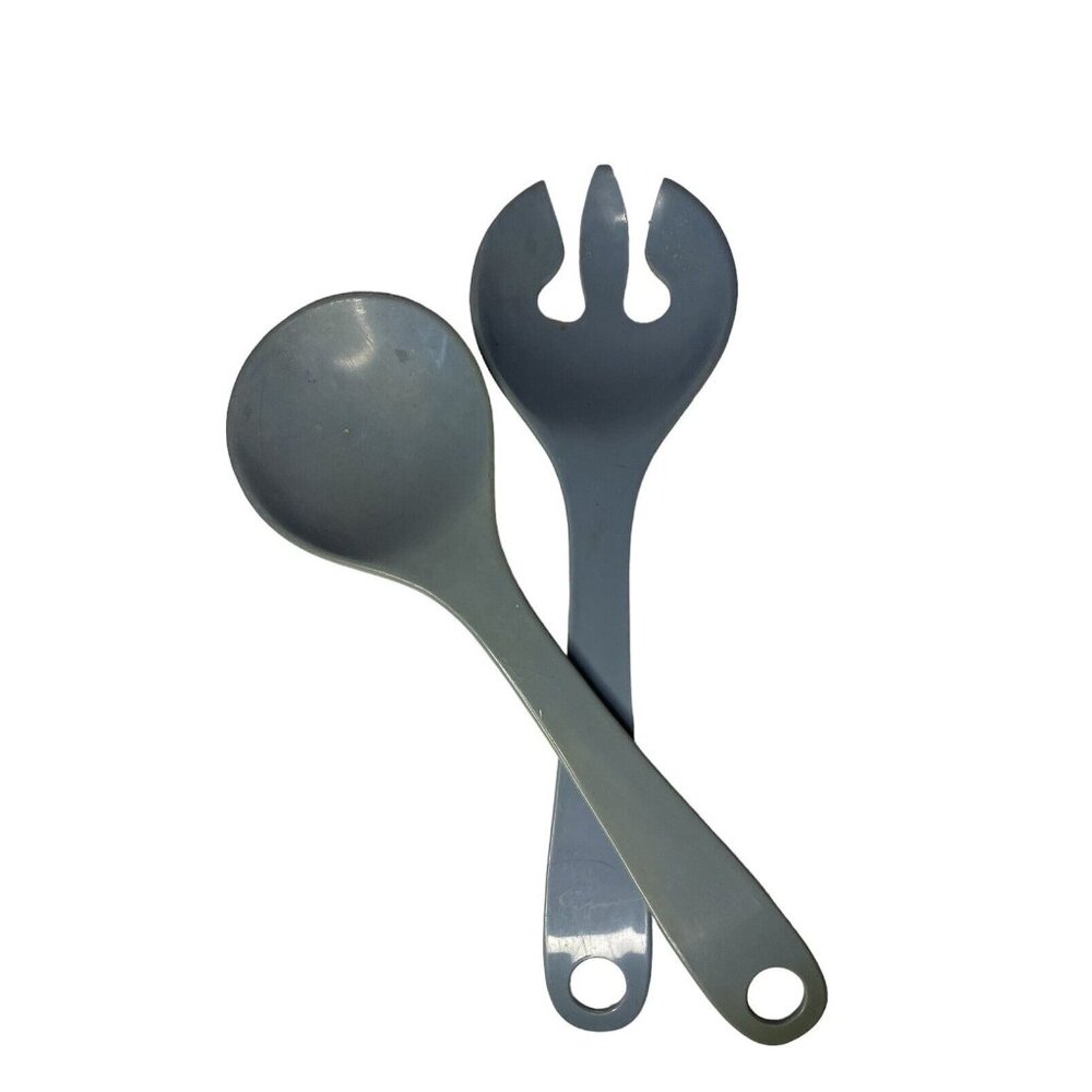 Vtg Salad Spoon Fork Tongs Utensils Servers Melmac Plastic MCM Blue